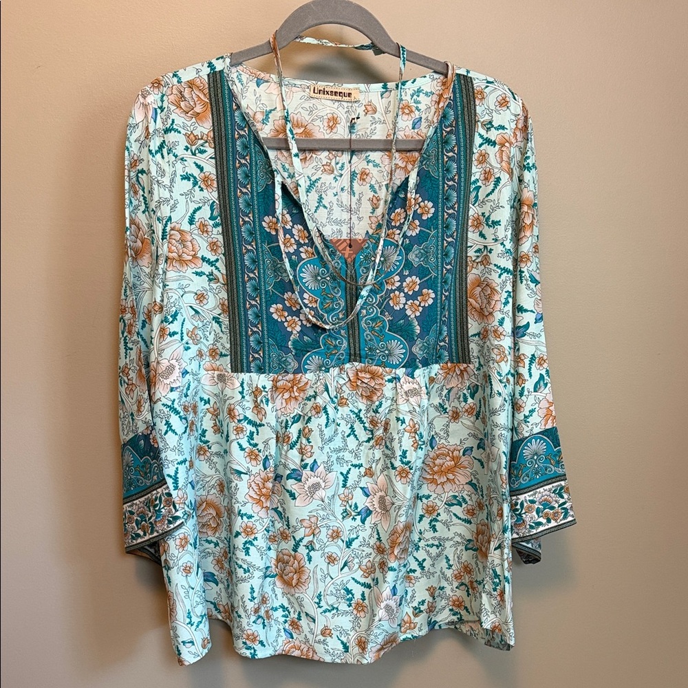 Unixseque Size Large Boho Teal & Tan Floral V-Neck Tunic Top New - Picture 3 of 5